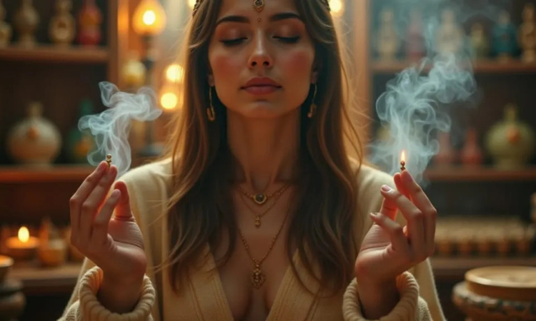 A person holding two pendants at a spiritual shop