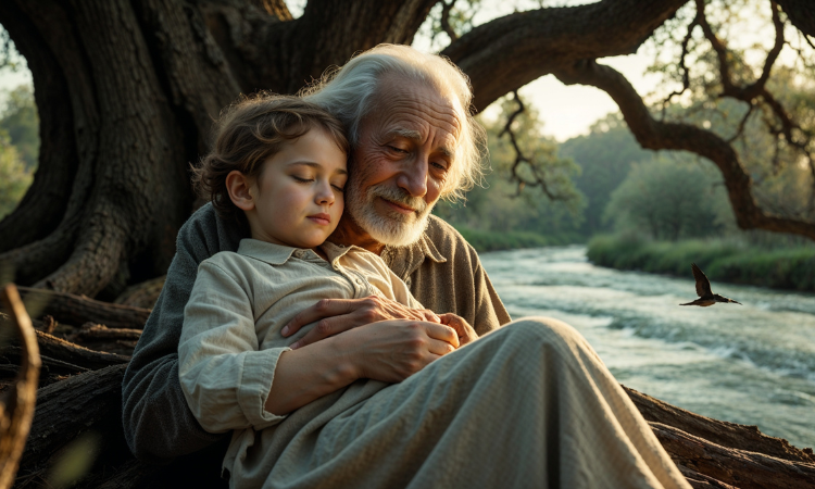 Silent transmission of love between child and spiritual elder