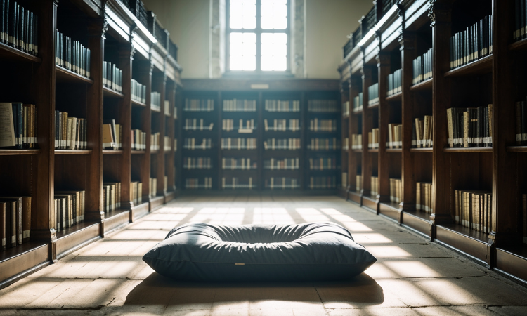 Silent wisdom symbolized by light and empty meditation cushion