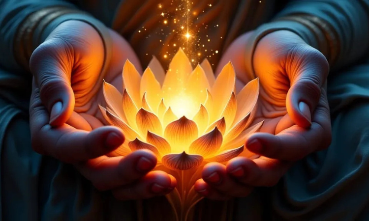 Hands in mudra over lotus showing awakened consciousness.