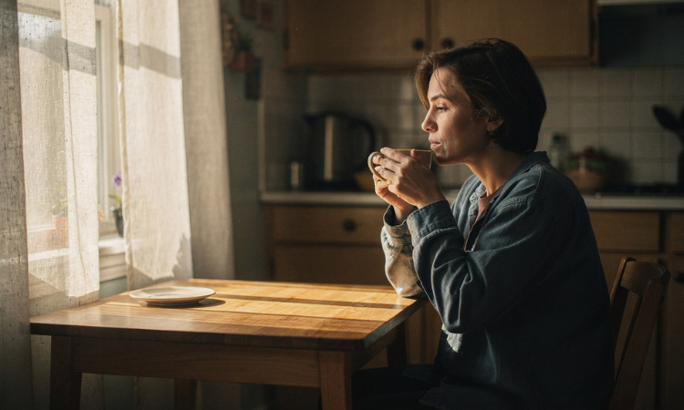 Inner stillness expressed through calm presence in everyday life.