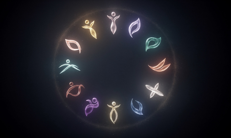 Twelve Divine Feminine archetypes shown as symbolic forms of consciousness