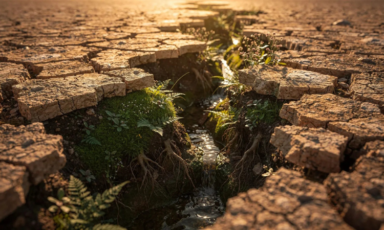 Hidden water beneath dry earth symbolizing recorded spiritual events and deeper reality.