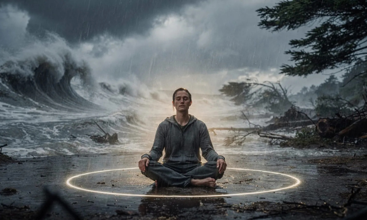 Still figure in storm symbolizing recorded spiritual events and mastery through stillness.